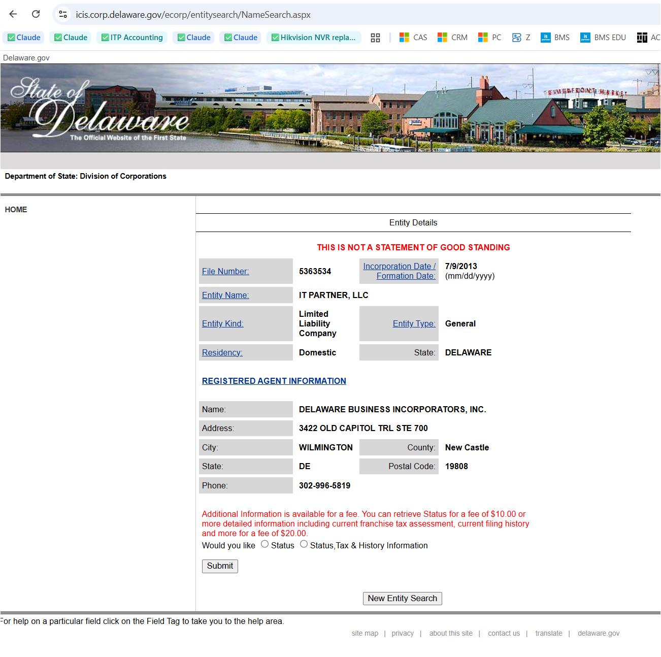 Delaware entity details: IT PARTNER, LLC · File 5363534 · incorporated 7/9/2013 · domestic LLC.