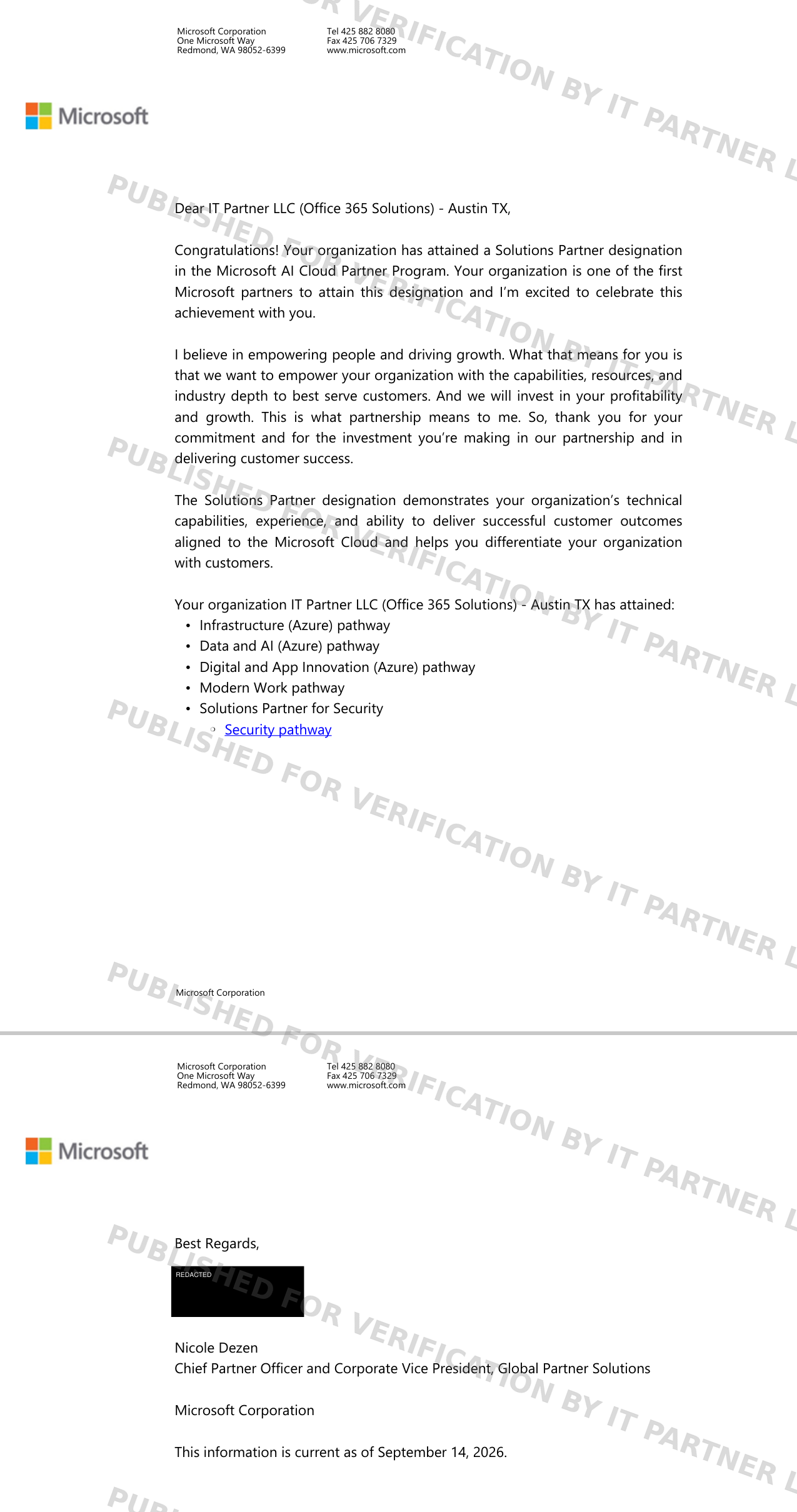 Microsoft Solutions Partner designation award notification (pathways) — watermarked scan