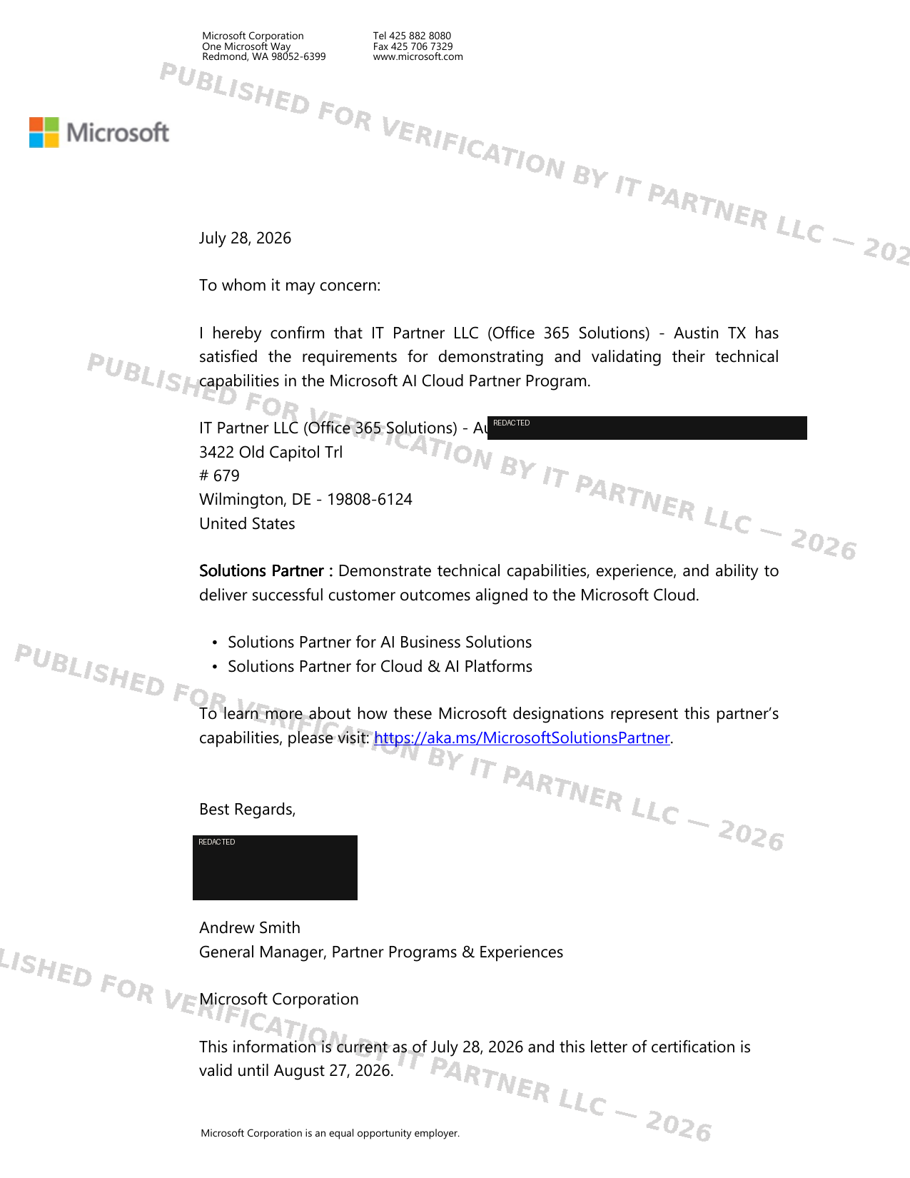 Microsoft certified letter — watermarked scan