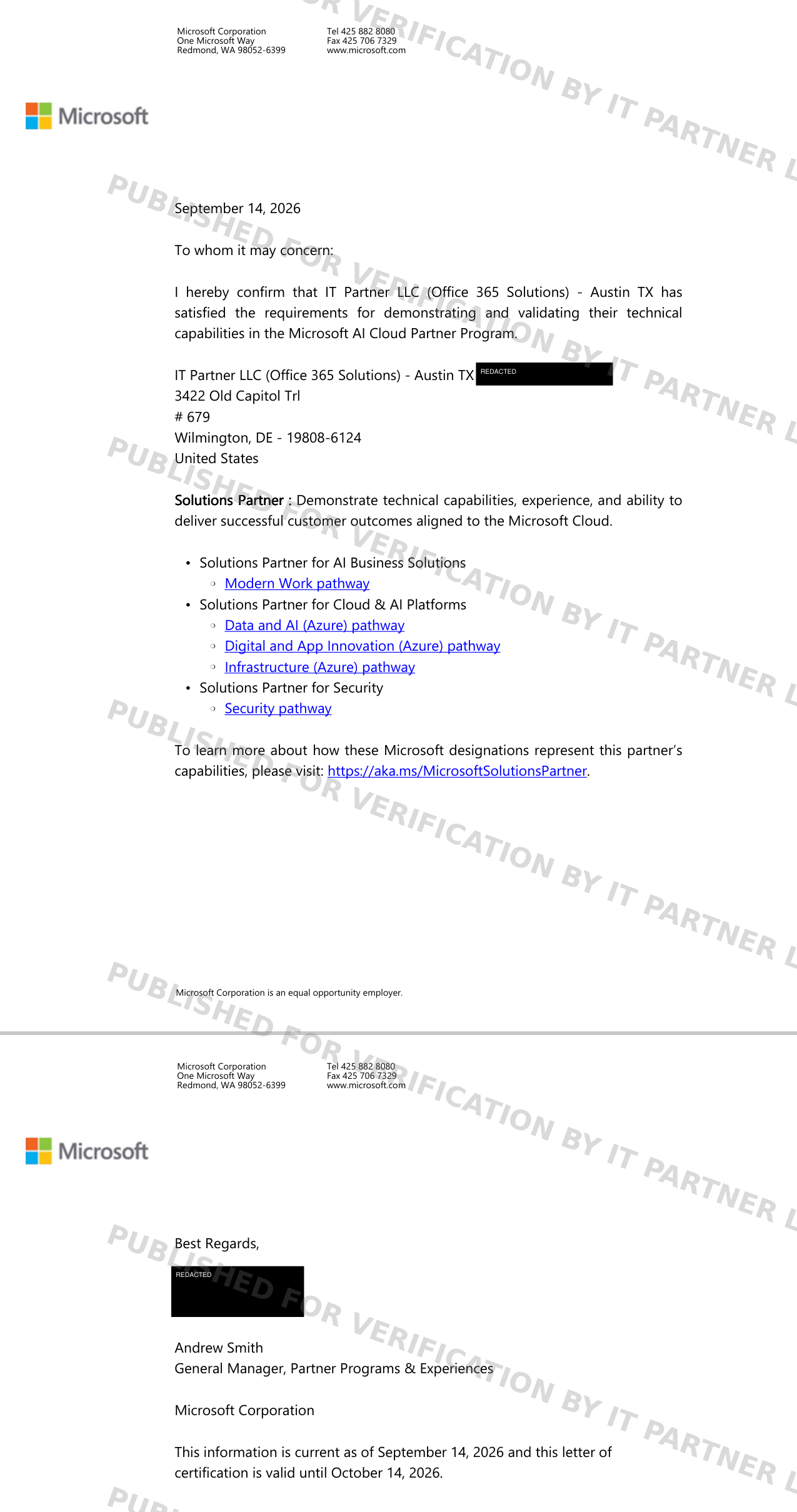 Microsoft certified letter — watermarked scan