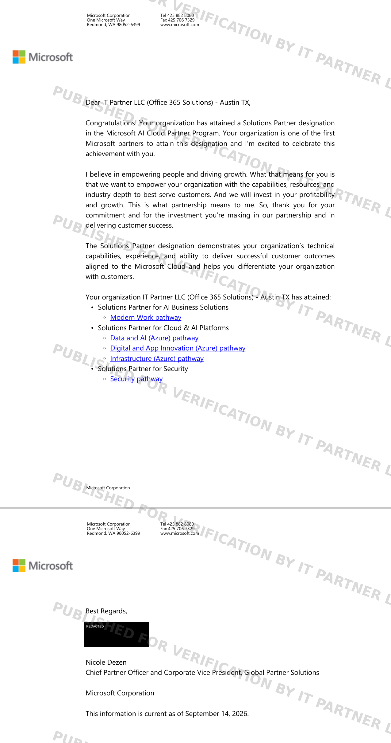 Microsoft congratulatory letter (designations by badge) — watermarked scan