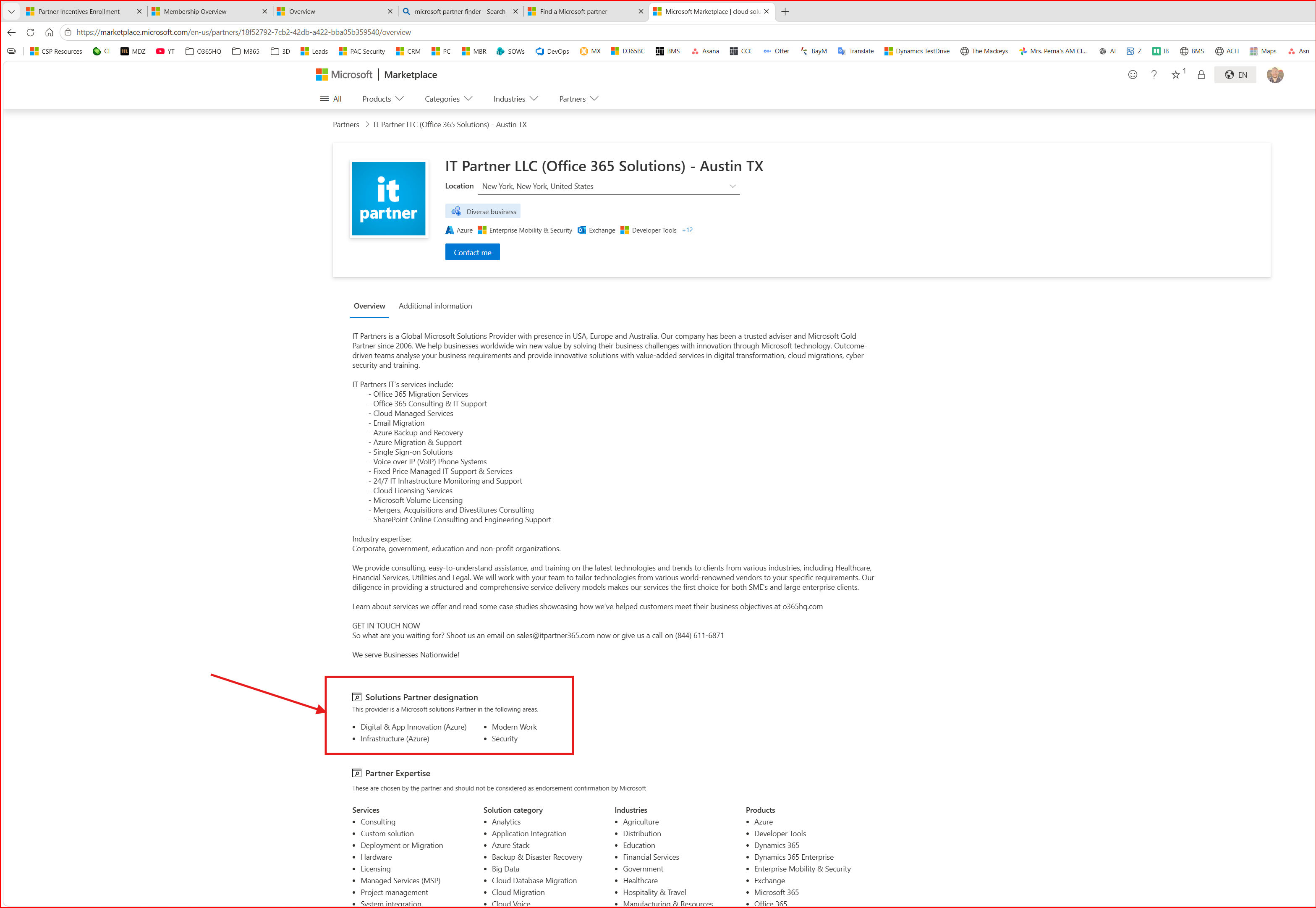 Our Microsoft Marketplace partner profile (Partner Finder) on 2026-09-02: 'Solutions Partner designation — Digital & App Innovation (Azure), Infrastructure (Azure), Modern Work, Security'.